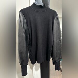 708. Black Mock Neck Sweatshirt with Faux Leather Sleeves